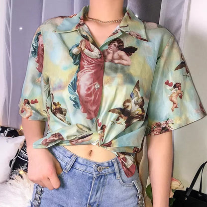 Classic Angel Print Loose Thin Shirt Blouse Summer Bottom Short Sleeve Tee Shirt T-shirt E-Girl Kawaii Korean Japanese Harajuku Streetwear