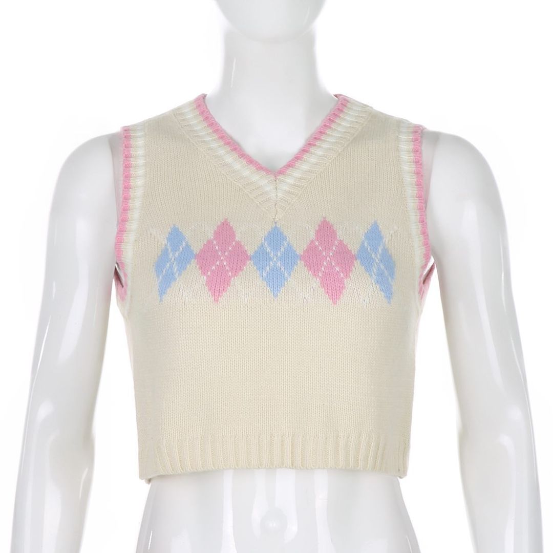 Cute Argyle Plaid Sleeveless V Neck Knit Sweater Sweatshirt Preppy Crop Top Pullover Aesthetic E-Girl Kawaii Korean Japanese Harajuku Streetwear