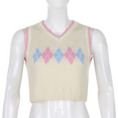 Cute Argyle Plaid Sleeveless V Neck Knit Sweater Sweatshirt Preppy Crop Top Pullover Aesthetic E-Girl Kawaii Korean Japanese Harajuku Streetwear