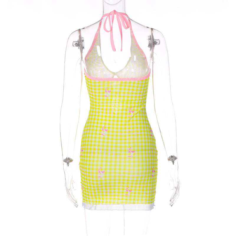 Yellow Plaid V Neck Halter Mini Dress