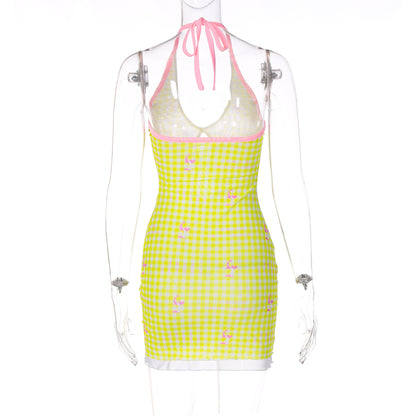 Yellow Plaid V Neck Halter Mini Dress