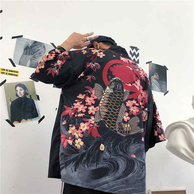 Cute Koi Goldfish Sakura Cherry Blossom Kimono Print Loose Cardigan Blouse Long Sleeve Shirt Top E-Girl Kawaii Korean Japanese Harajuku Streetwear