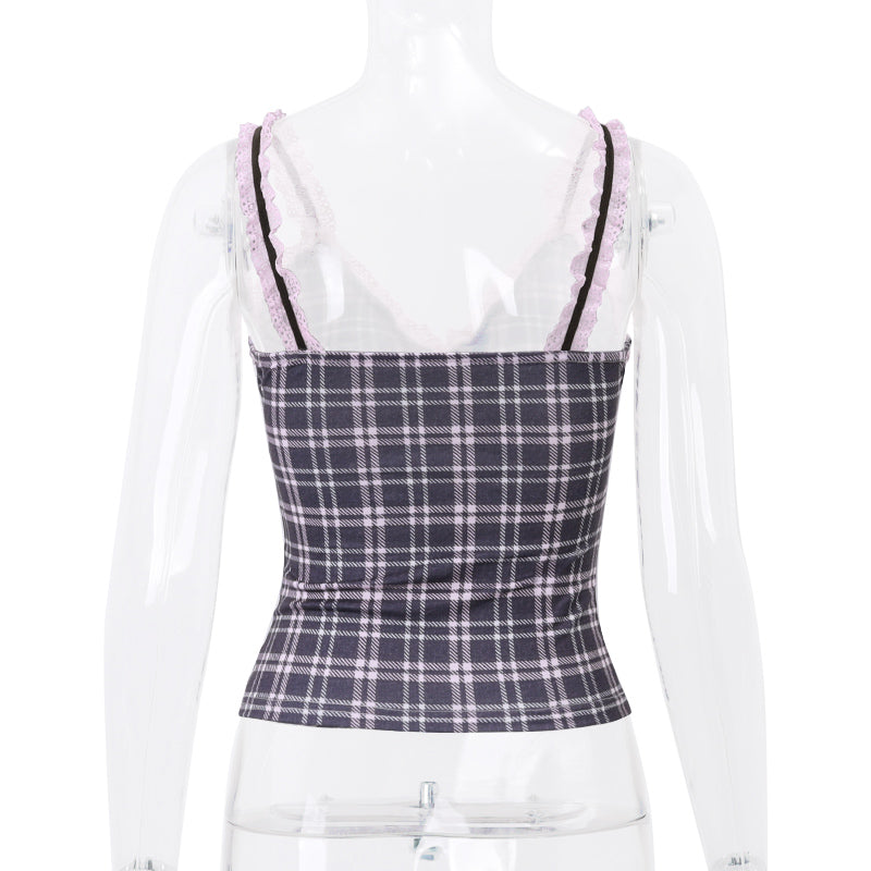 Pink Plaid Lace Patchwork Camisole