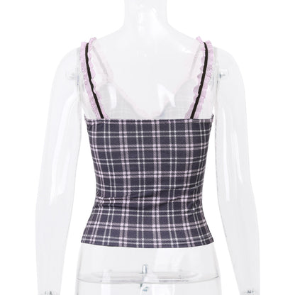 Pink Plaid Lace Patchwork Camisole