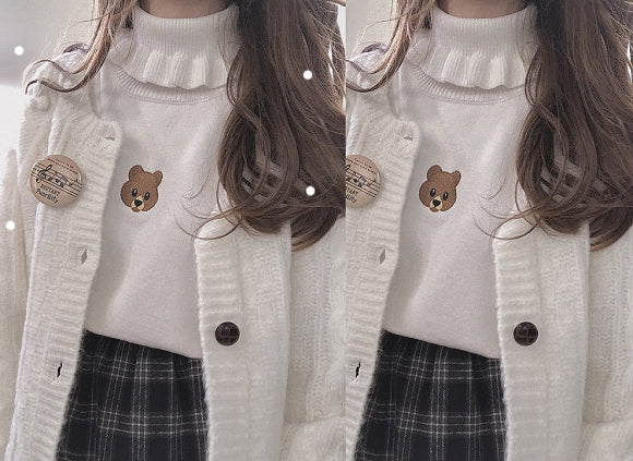 Cute Bear Embroidery Turtleneck Vintage Sweater High Neck Ruffle Pullover Long Sleeve Knit E-Girl Kawaii Korean Japanese Harajuku Streetwear