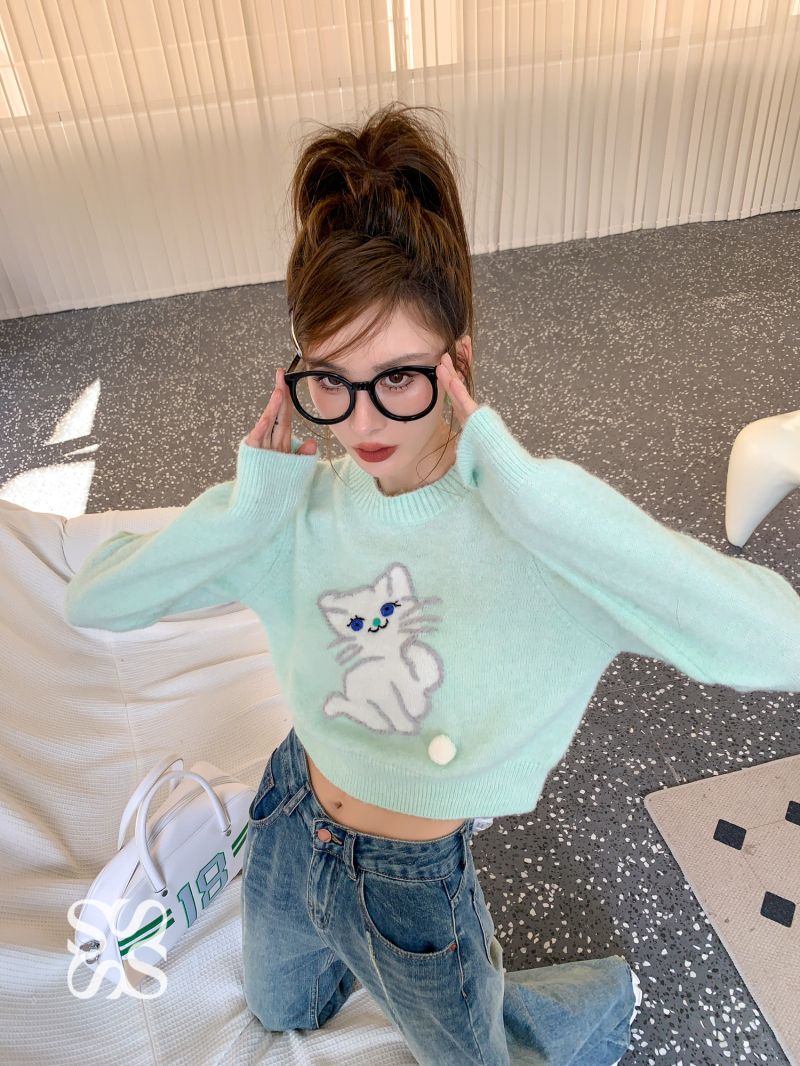 Blue Cat Print Cropped Sweater