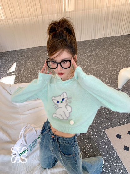 Blue Cat Print Cropped Sweater