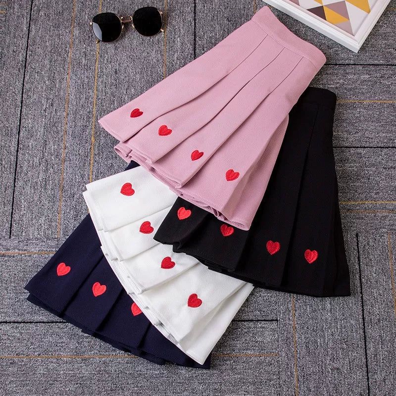 Cute Love Heart Pleated High Waist A-line Mini Skirt Summer Aesthetic Casual E-Girl Kawaii Korean Japanese Harajuku
