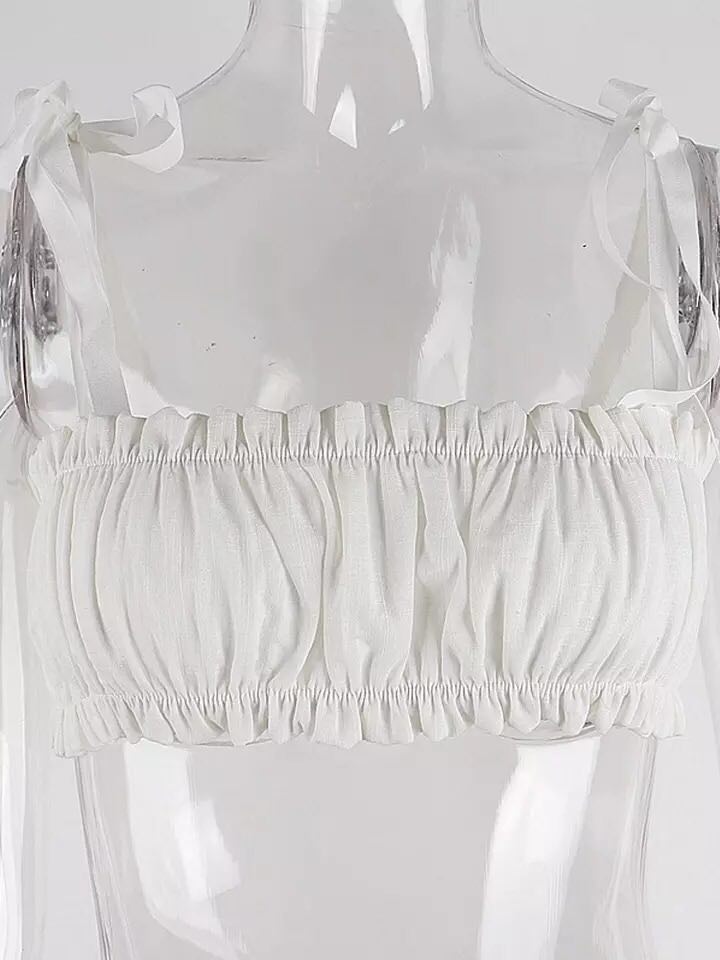 White Pleated Hollow Out Bustier Bandage Bodycon Crop Top Sleeveless Shirt Beach Boho Summer Aesthetic Casual E-Girl Kawaii Korean Japanese Harajuku