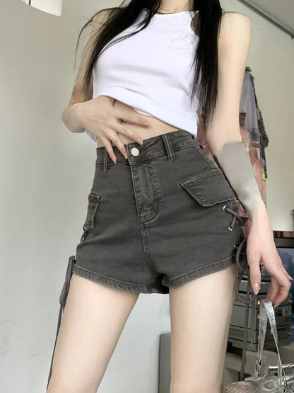 Lace Up High Waist Denim Shorts