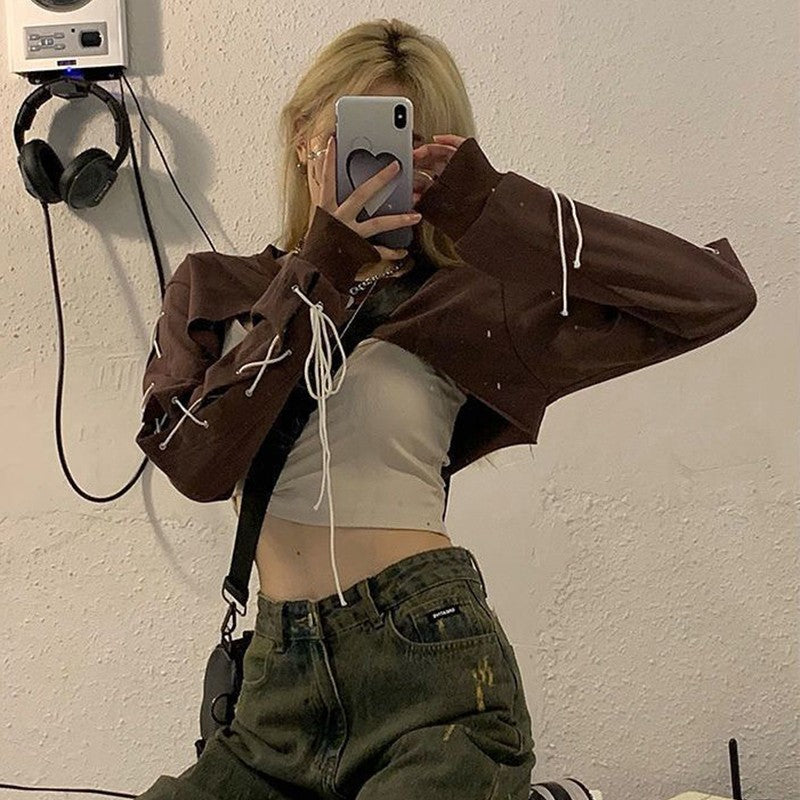 Brown Lace Up Crop Top