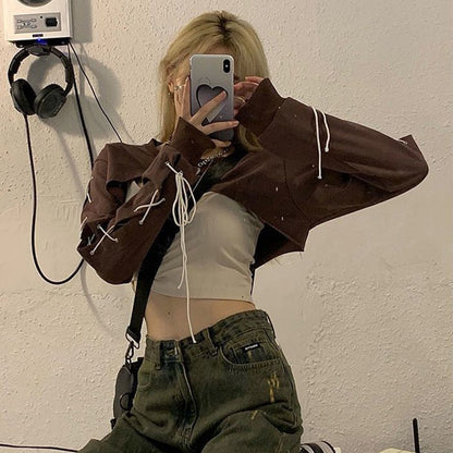 Brown Lace Up Crop Top
