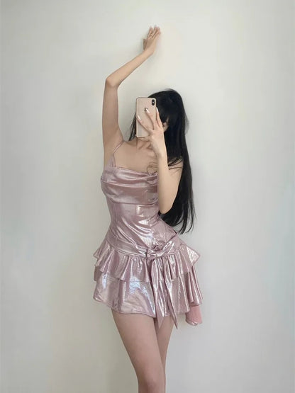 Pink Sequin Ruffle Asymmetrical Mini Dress