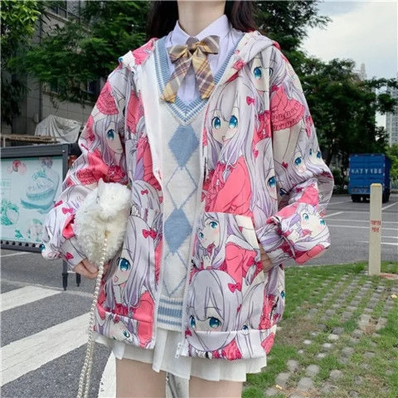 Cute Anime Girl Zip Up Hoodie Jacket Jumper Sweatshirt Long Sleeve Shirt Aesthetic Casual E-Girl Kawaii Korean Japanese Harajuku