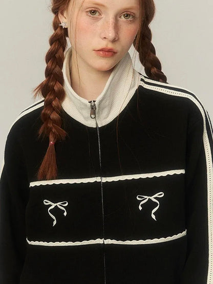 Grey Bow Embroidery Zipper Jacket
