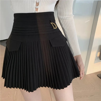 White Pleated D Metal Plate High Waist Mini Skirt