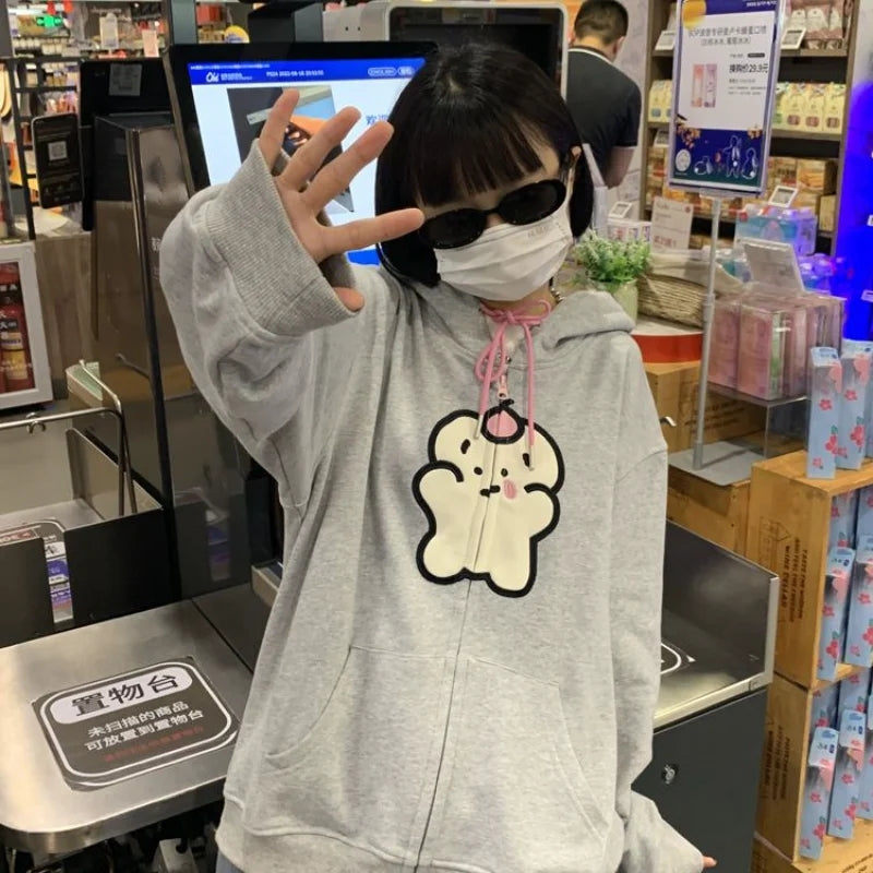 Bear Graphic Print Zipper Hoodie