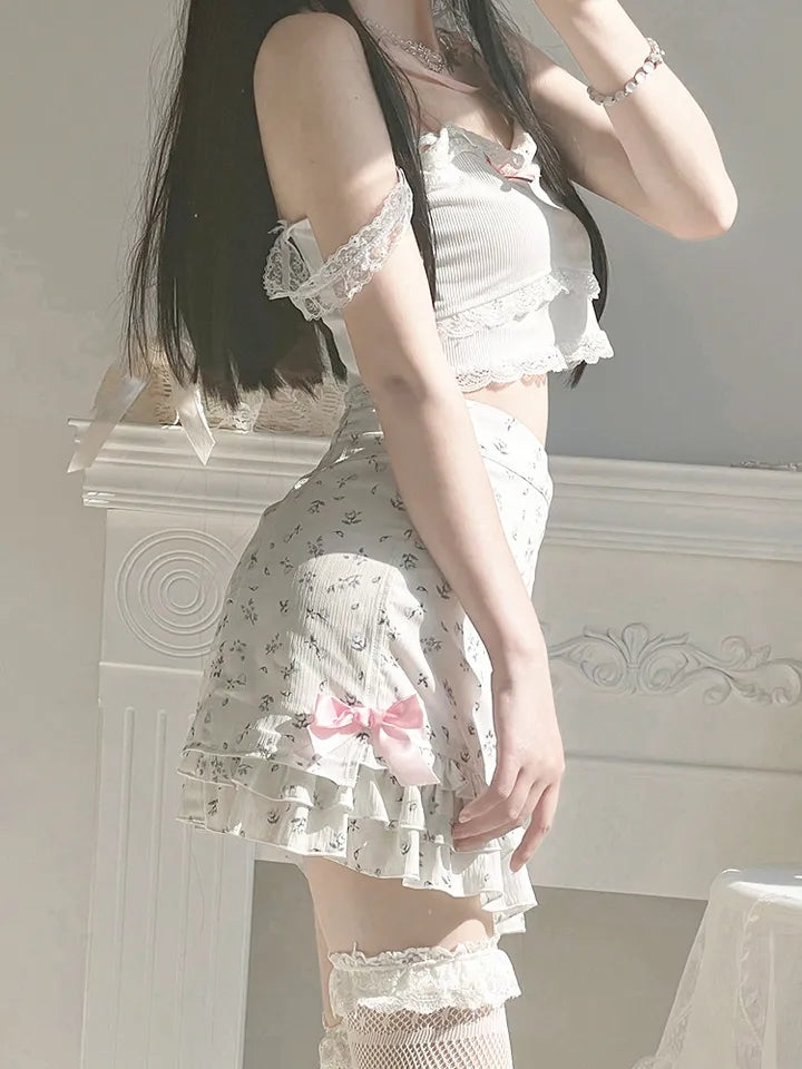 Pink Floral Bow Print Ruffle Mini Skirt
