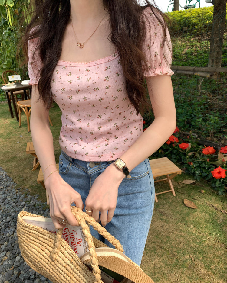 Pink Floral Puff Sleeve Square Collar Top