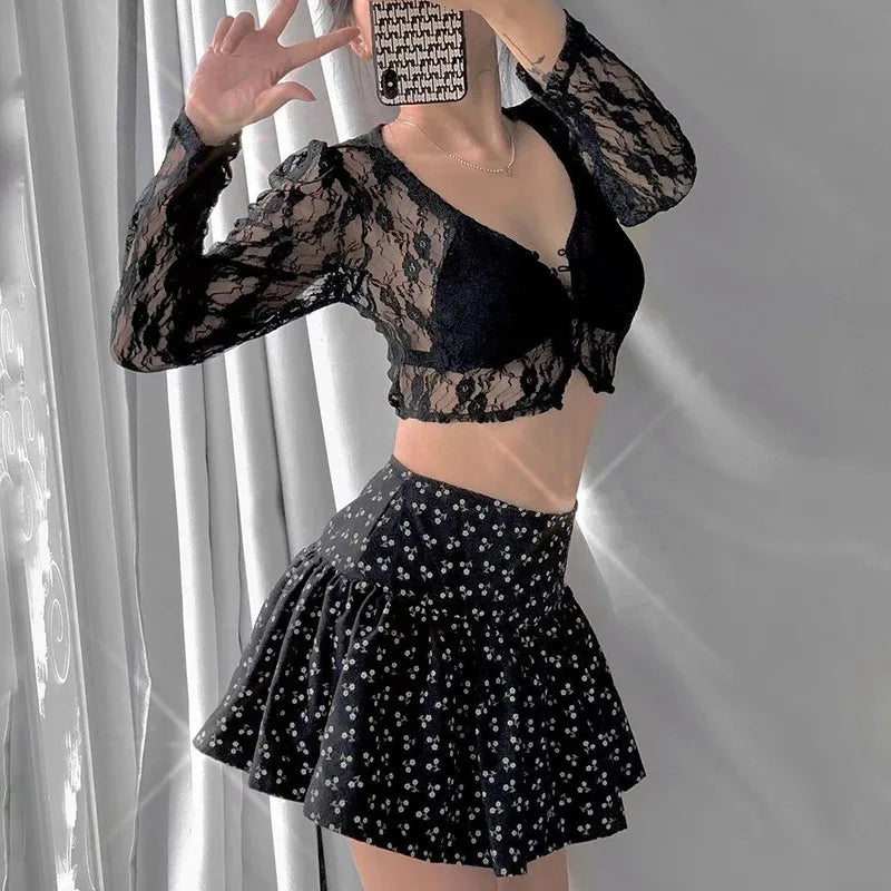 Black Lace V Neck Crop Top Cardigan