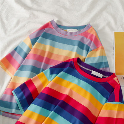 Cute Causal Pastel Rainbow Colorful Stripe Loose Round Neck Short Sleeve Tee Shirt T-shirt Top E-Girl Kawaii Korean Japanese Harajuku Retro Streetwear