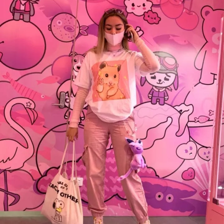 Cute Pastel Pink Happy Hamster Posing Star Print Oversized Short Sleeve Shirt Aesthetic Casual E-Girl Kawaii Korean Japanese Harajuku