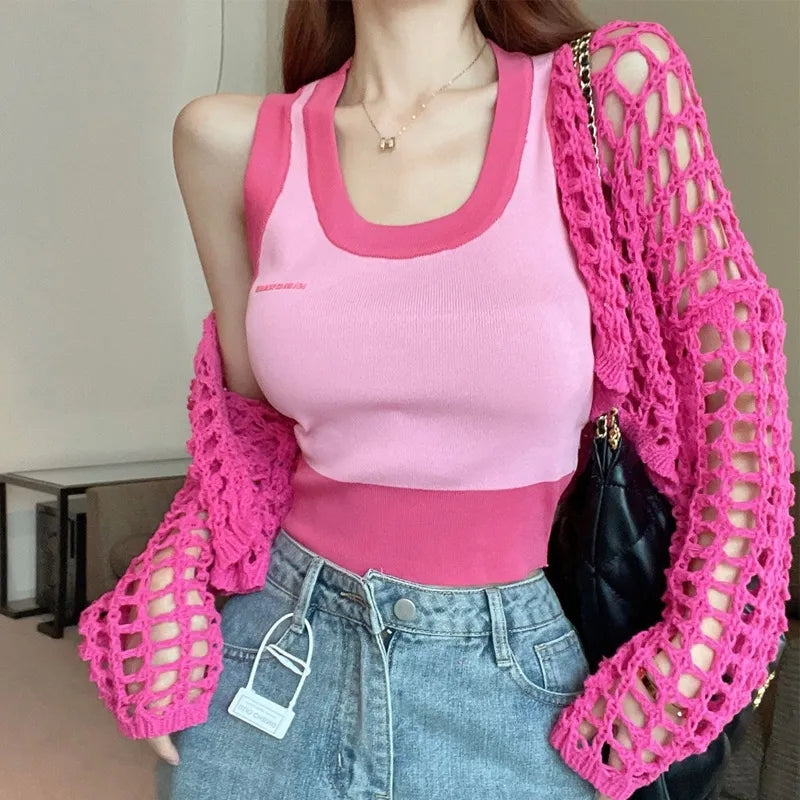 2PCS Pink Crochet Smock + Tank Top