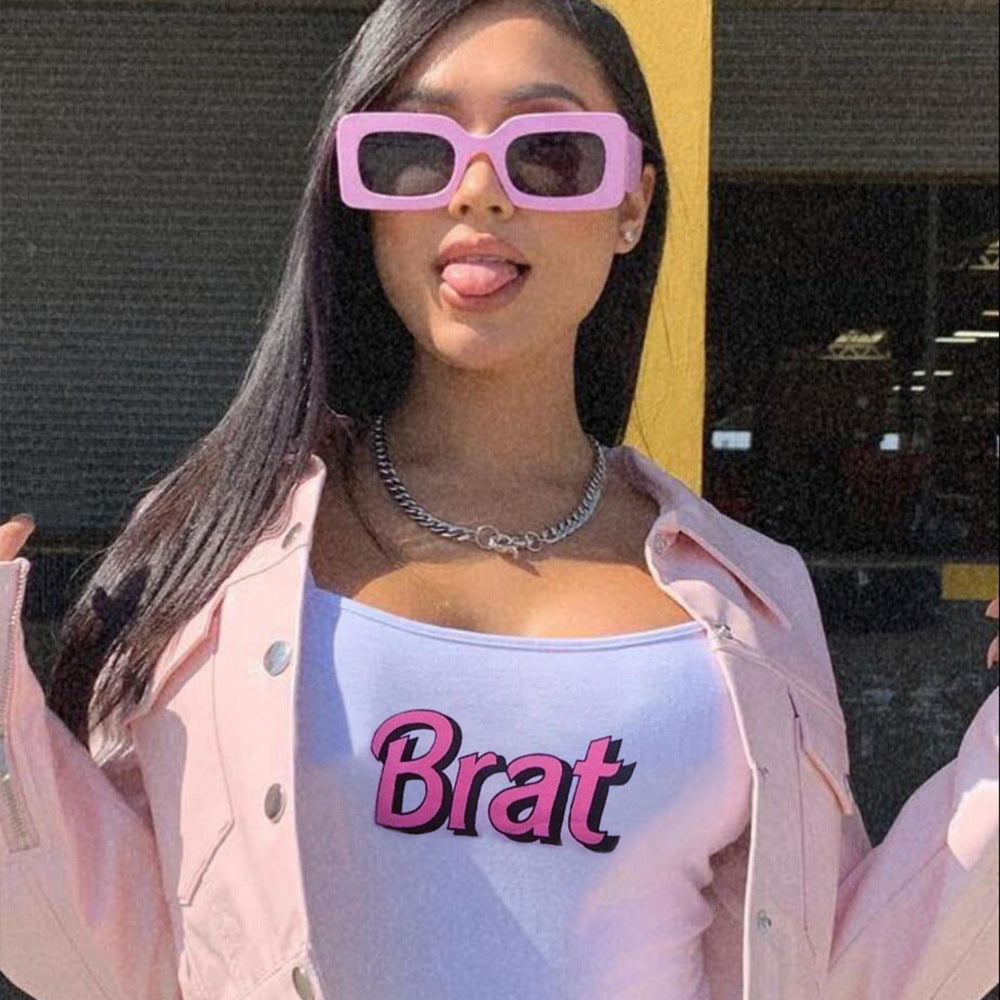 White Brat Letter Print Graphic Casual Summer Crop Top Tank Camisole T-shirt Tee E-Girl Kawaii Korean Japanese Harajuku Retro Streetwear Fashion