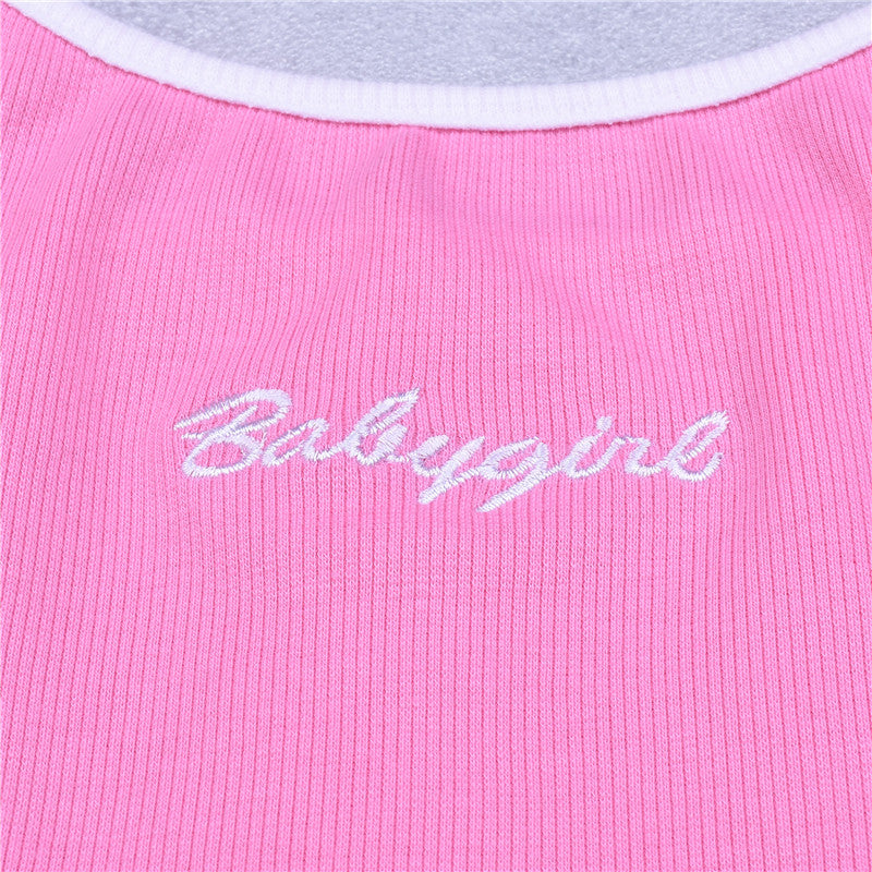 Sexy Pink Babygirl Letter Embroidery Spaghetti Strap Patchwork Crop Top Summer T-shirt E-Girl Kawaii Korean Japanese Harajuku Retro Streetwear Fashion