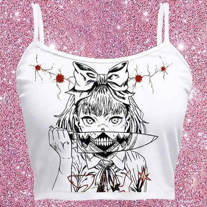 Cute White Killer Knife Anime Girl Cartoon Print Crop Top Camisole Sleeveless Shirt Punk Goth Aesthetic Casual E-Girl Kawaii Korean Japanese Harajuku