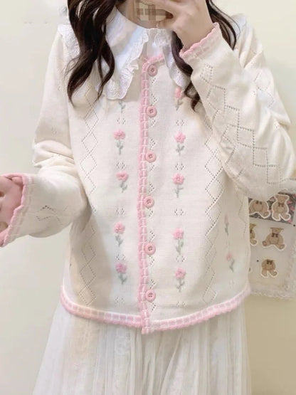 Blue Embroidery Hollow Sweater
