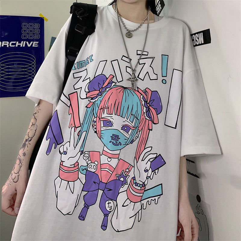 Cute Japanese Girl Punk Goth Print Oversized Short Sleeve Shirt Tee T-shirt E-Girl Kawaii Korean Japanese Harajuku Retro Streetwear Aesthetic