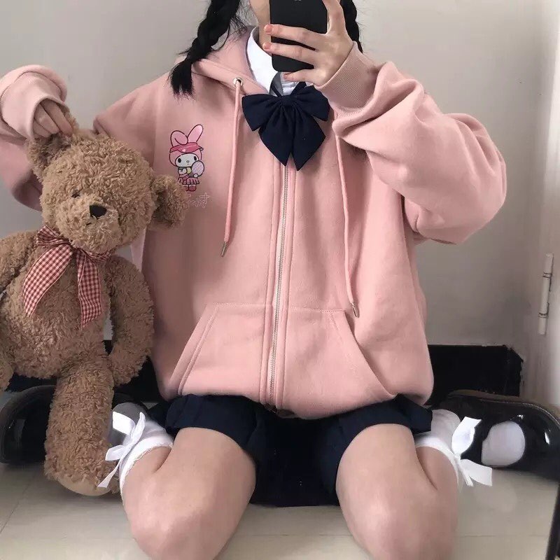 Cute Anime Cartoon Print Long Sleeve Zipper Zip Up Hoodie Sweatshirt Sweater Pullover Jumper E-Girl Kawaii Korean Japanese Harajuku Streetwear
