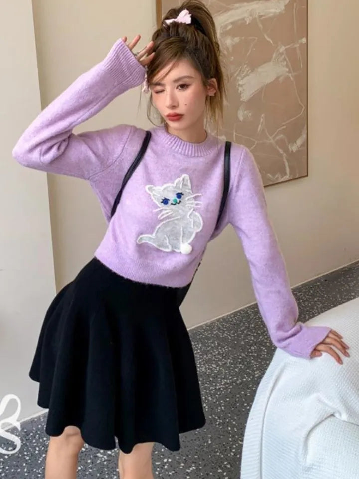 Blue Cat Print Cropped Sweater