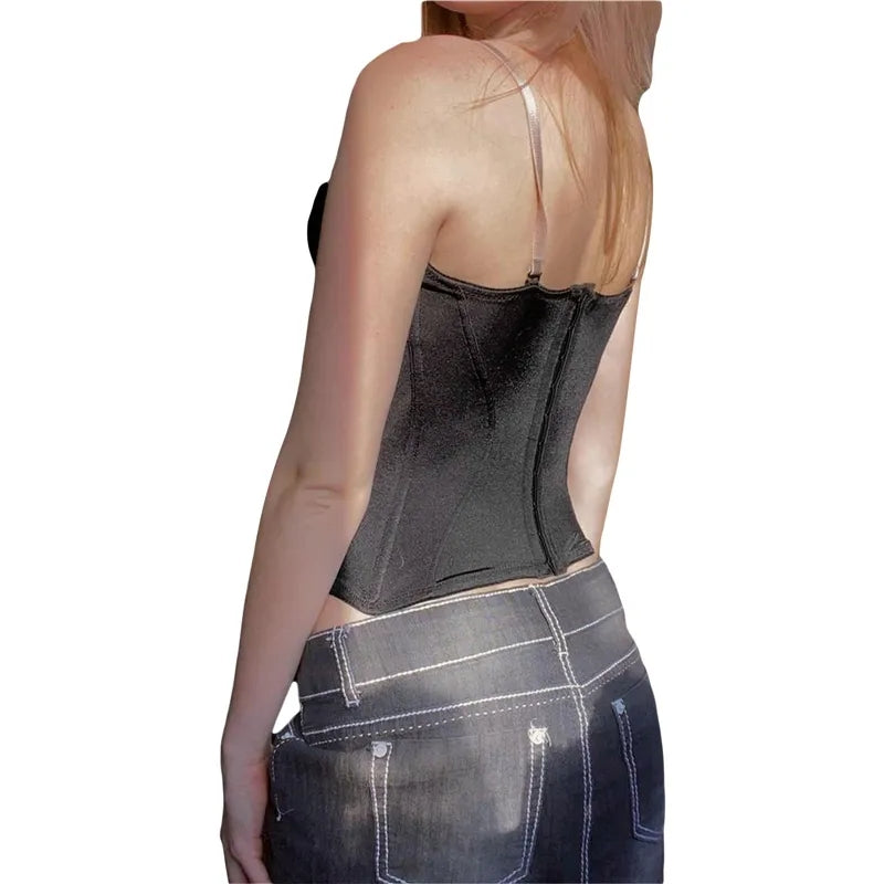 Black with Pink Ribbon Lace Up Bandage Corset Top