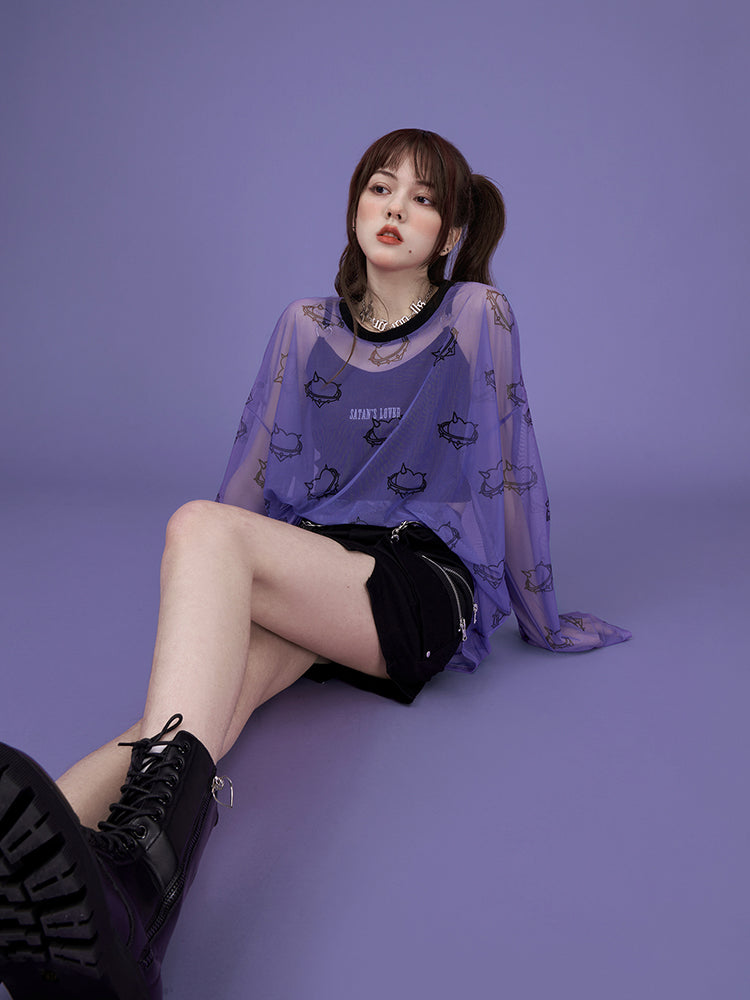 Transparent Mesh Heart Long Sleeve Shirt