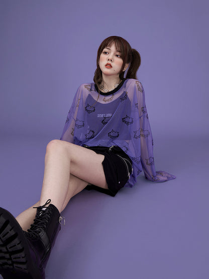 Transparent Mesh Heart Long Sleeve Shirt