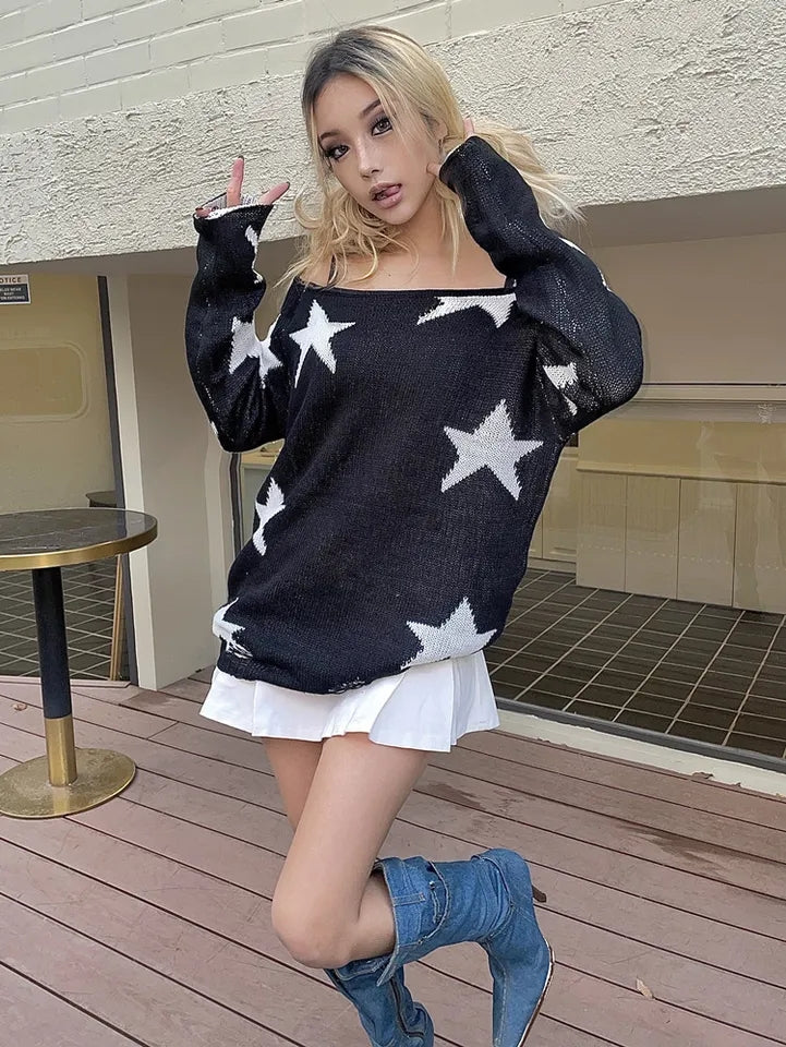 Black Star Print Off Shoulder Sweater