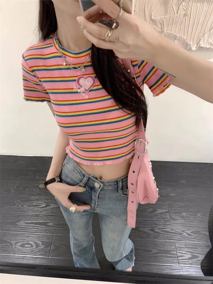 Pink Rainbow Stripe Crop Top