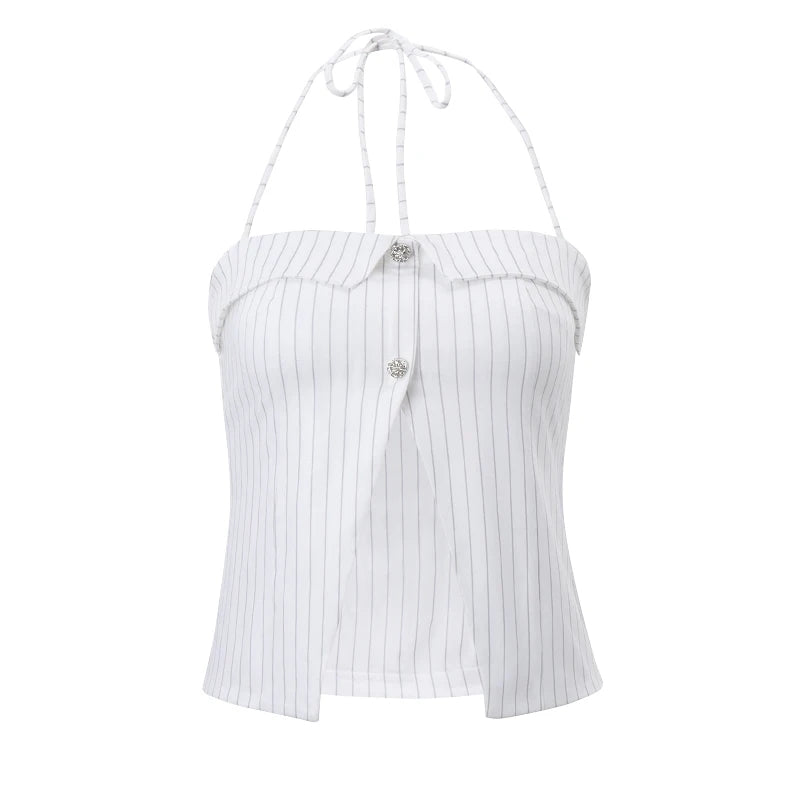 Stripe Halter Button Tank Top