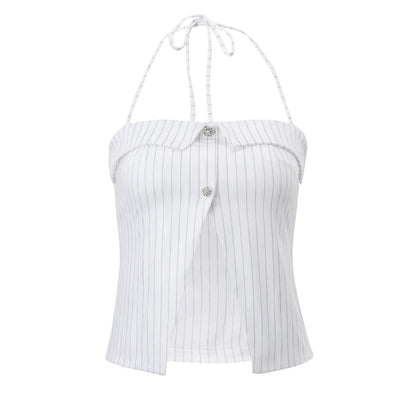 Stripe Halter Button Tank Top