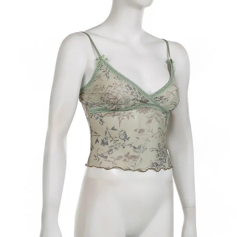 Floral Print Lace Trim Mesh Crop Top