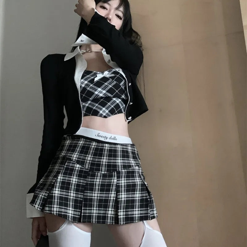 3PCS Plaid Patchwork Camisole + Pleated Skirt + Long Sleeve Shirt