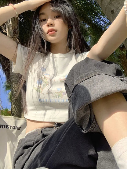 Blue Tulip Lamb Print Cropped Short Sleeve T-shirt