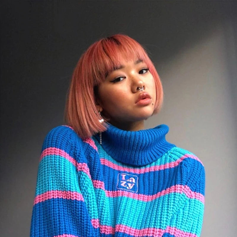 Blue Patchwork Turtleneck Sweater