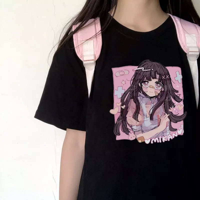 Cute Sweet Vintage Black Anime Girl Cartoon Print Short Sleeve Shirt Oversize Loose T-shirt Top Goth E-Girl Kawaii Korean Japanese Harajuku Streetwear