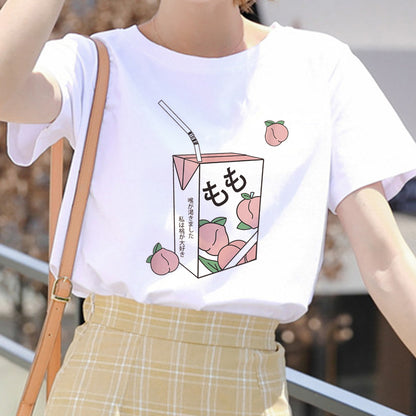 Cute Pink Peach Juice Drink Pastel Short Sleeve Shirt T-shirt Tee Top Kawaii Korean Japanese Harajuku Chinese Retro Streetwear Aesthetic Fashion