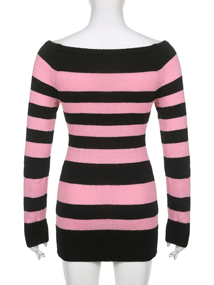 Pink & Black Stripe Off Shoulder Knit Dress
