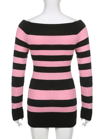 Pink & Black Stripe Off Shoulder Knit Dress