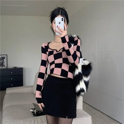 Pink & Black Checkboard Knit Sweater